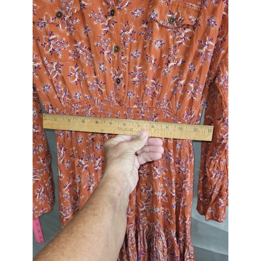 Xola P. Orange Floral Shirt Dress Smocked Waist V-Neck Long Sleeve M - Picture 2 of 7